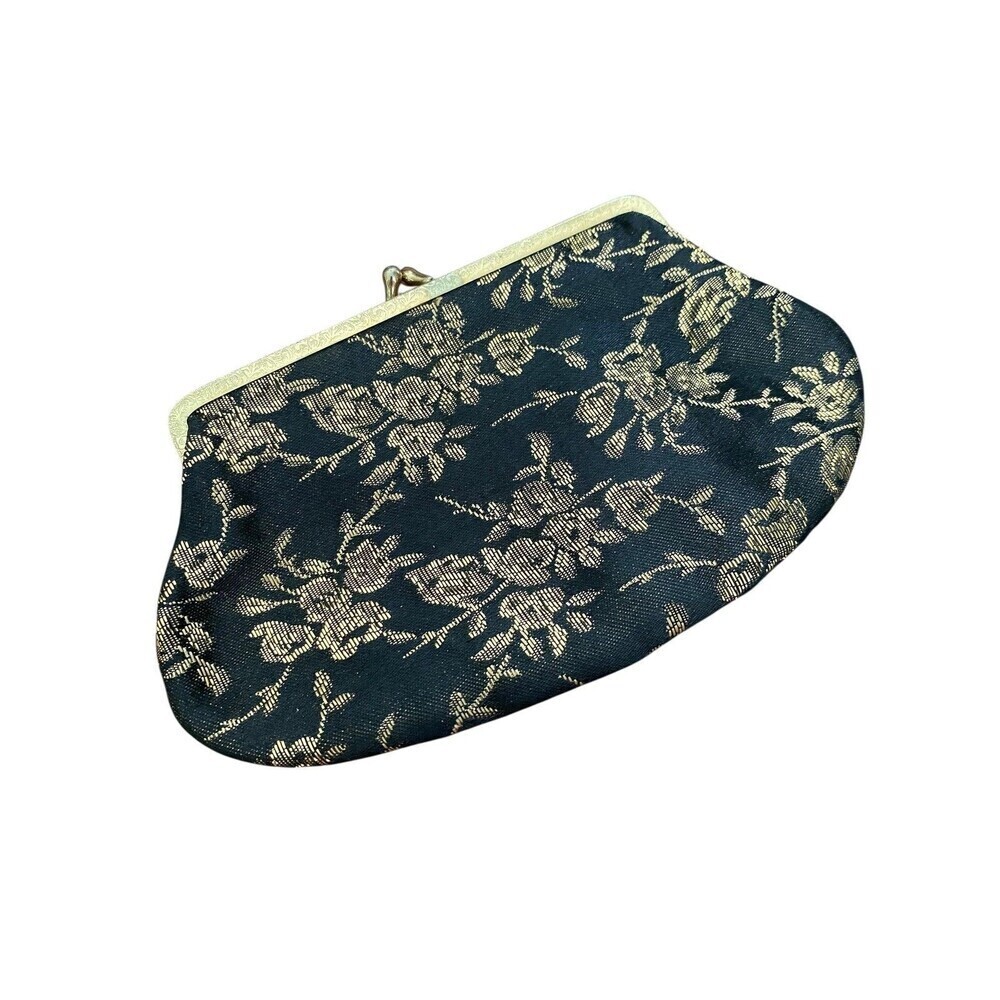 Vintage Kleinerts Clutch Purse Womens Small Black Gold Floral Jacquard Evening
